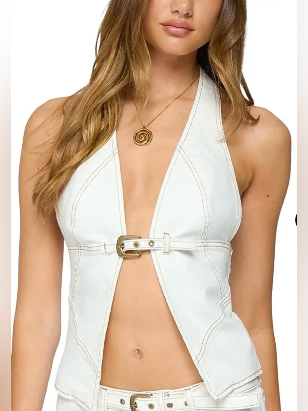 Edikted Ciel Split Front White Denim Halter Belted Vest - XS